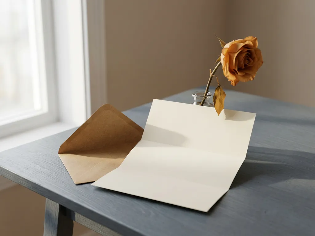 Gefalteter Ablehnungsbrief auf modernem Schreibtisch neben Kraftpapierumschlag und welkender Blume, warmes Diffuslicht.
