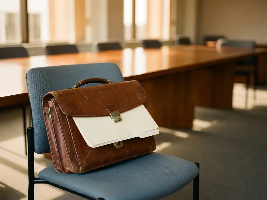 Abgenutzter Lederkoffer auf modernem Bürostuhl mit herausgleitender leerer Mappe, verschwommener Konferenztisch im Hintergrund, diffuses Fensterlicht.