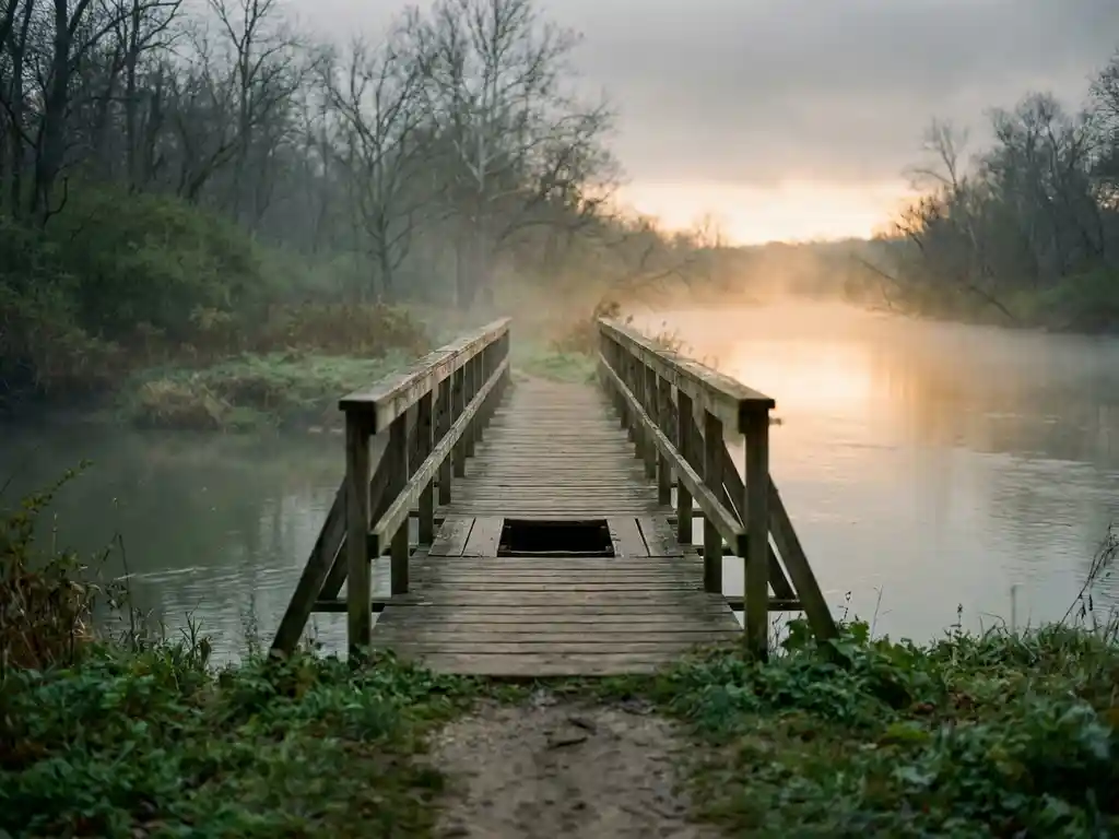 Verwitterte Holzbrücke über ruhigen Fluss im Morgennebel, mit fehlendem Planken in der Mitte und schmalem Fußweg.