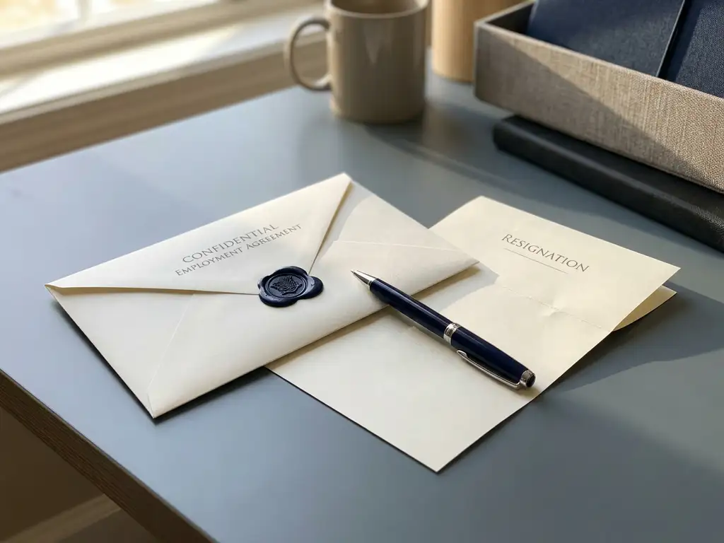 Versiegelter Arbeitsvertrag und gefaltetes Kündigungsschreiben auf Schreibtisch mit Stift, natürliches Fensterlicht, neutrale Büroatmosphäre.