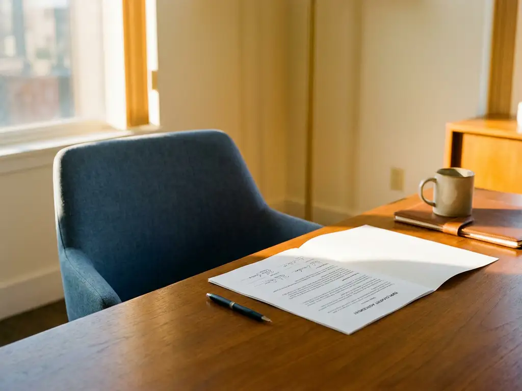 Unterzeichneter Arbeitsvertrag auf einem Büroschreibtisch, daneben ein Stift und ein leerer Stuhl im weichen Nachmittagslicht.