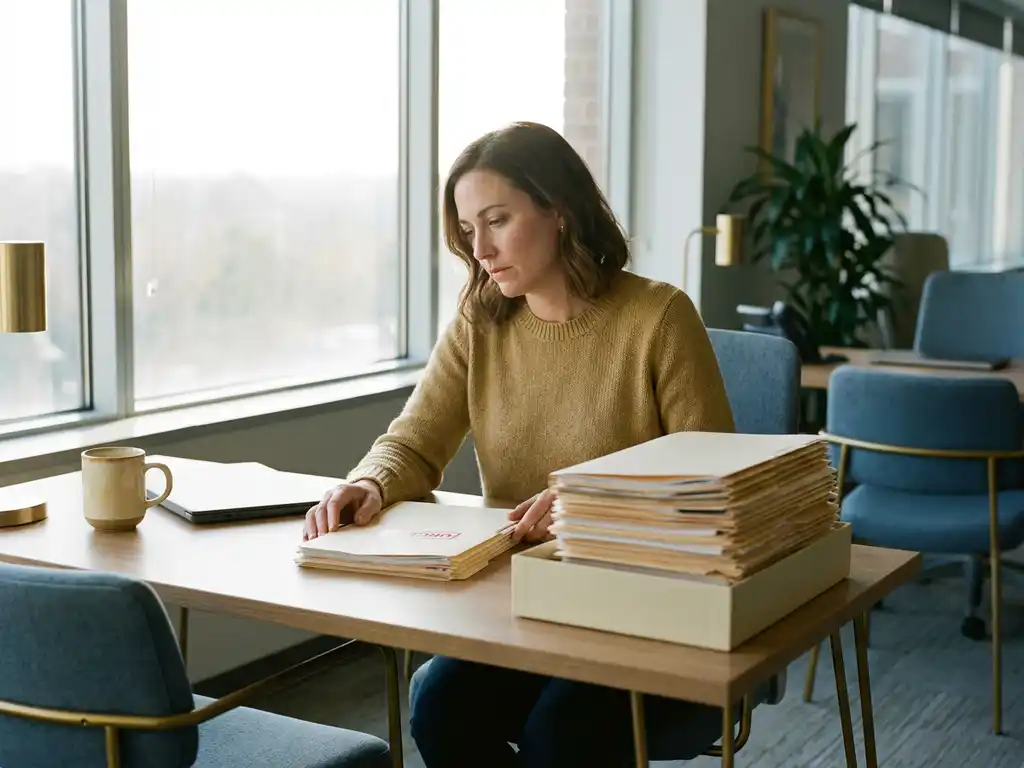 Personalvermittlerin vergleicht zwei Stapel Bewerbermappen auf modernem Büroschreibtisch, Kaffeetasse im Hintergrund, warmes Tageslicht.