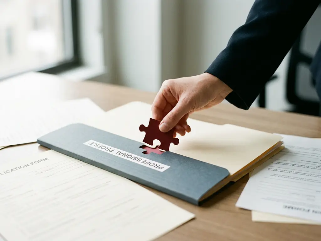 Recruiter hält ein nicht passendes Puzzleteil über eine vollständige Bewerbungsmappe, Bewerbungsunterlagen auf dem Schreibtisch verstreut.