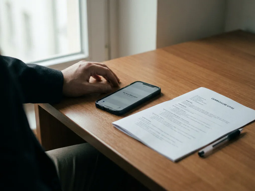 Hand eines Bewerbers neben einem Smartphone mit leerem Posteingang, daneben gedruckter Lebenslauf und Stift auf hellem Schreibtisch.