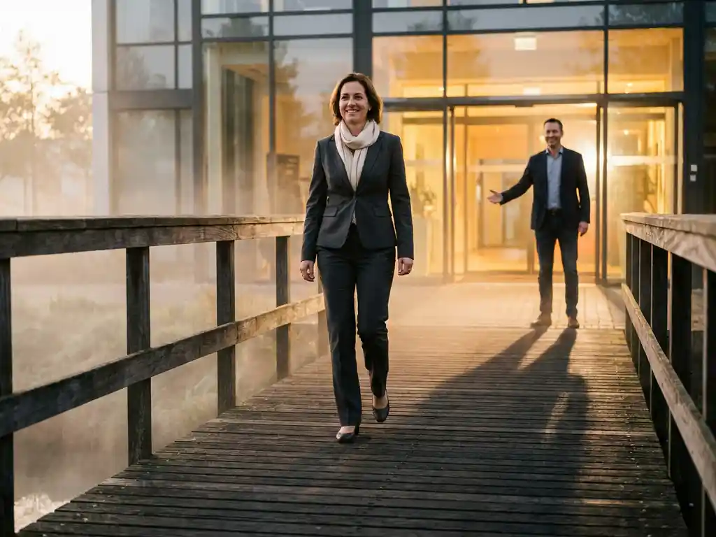 Selbstbewusster Bewerber überquert eine moderne Holzbrücke zu einem Bürogebäude, Recruiter wartet hinter der Glasfront im Morgenlicht.