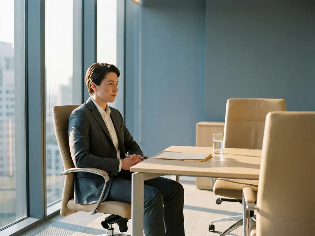 Gut gekleideter Bewerber wartet allein am modernen Bürotisch, leerer Interviewerstuhl und unberührtes Wasserglas im Vordergrund.