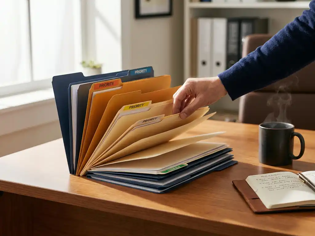 Recruiter ordnet farbkodierte Bewerbermappen auf modernem Schreibtisch, daneben Kaffeetasse und Notizbuch, warmes Bürolicht.