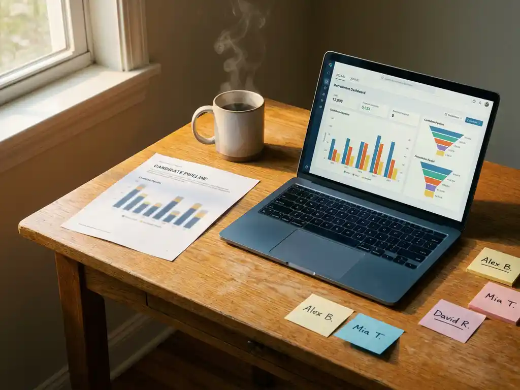 Eichen-Schreibtisch eines Recruiters mit ausgedrucktem Kandidaten-Pipeline-Bericht, Laptop mit Trichterdiagrammen und Kaffeetasse im Morgenlicht.
