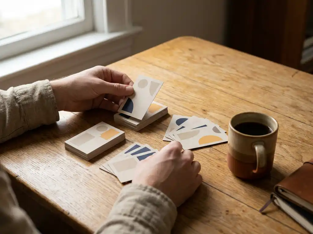 Recruiter ordnet Bewerberkarten auf Eichenholz-Schreibtisch, Kaffeetasse daneben, warmes Seitenlicht, flache Schärfentiefe.