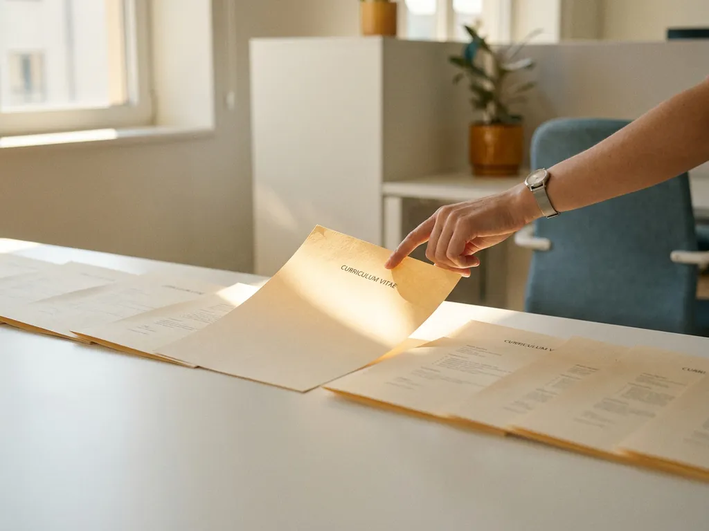 Fächerförmig ausgelegte Bewerbungsunterlagen auf weißem Schreibtisch, eine im warmen Licht hervorgehoben, Recruiter-Hand schwebt darüber.