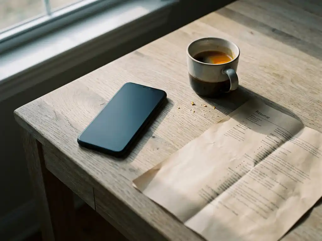 Smartphone mit Display nach unten auf Eichentisch neben ausgedrucktem Lebenslauf und halbvollem Kaffeebecher, warmes Nachmittagslicht.