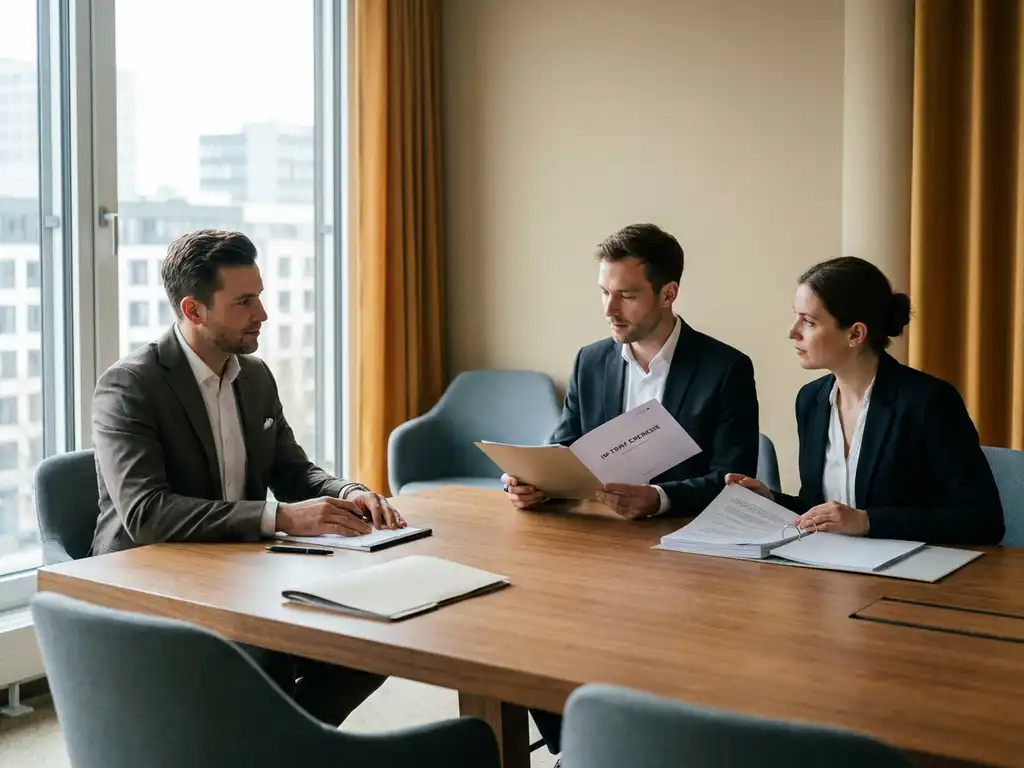 Selbstbewusste Bewerberin im Vorstellungsgespräch mit zwei Evaluatoren an einem Konferenztisch, Assessment-Center-Unterlagen sichtbar, modernes Büro.