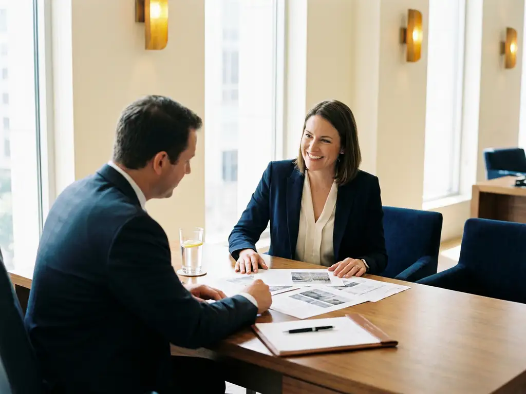 Kandidat in Businesskleidung bespricht Bewerbungsunterlagen mit einem Recruiter an modernem Schreibtisch im Vorstellungsgespräch.