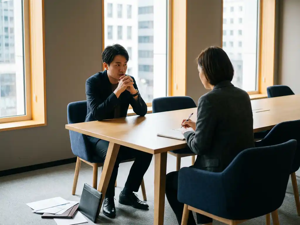 Nervöser Bewerber sitzt einem Interviewer gegenüber, Lebenslauf auf dem Boden, moderne Büroatmosphäre mit natürlichem Fensterlicht.