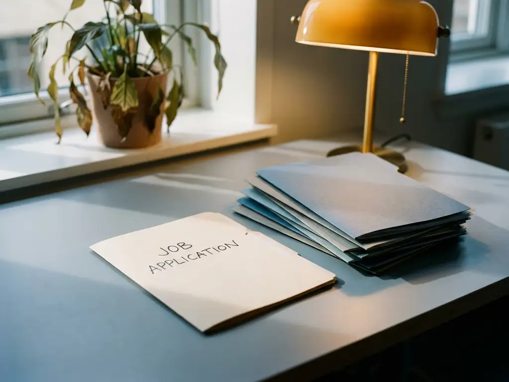 Ungeöffnete Bewerbungsmappe auf modernem Büroschreibtisch, umgeben von weiteren Mappen, mit welkender Pflanze im Hintergrund.