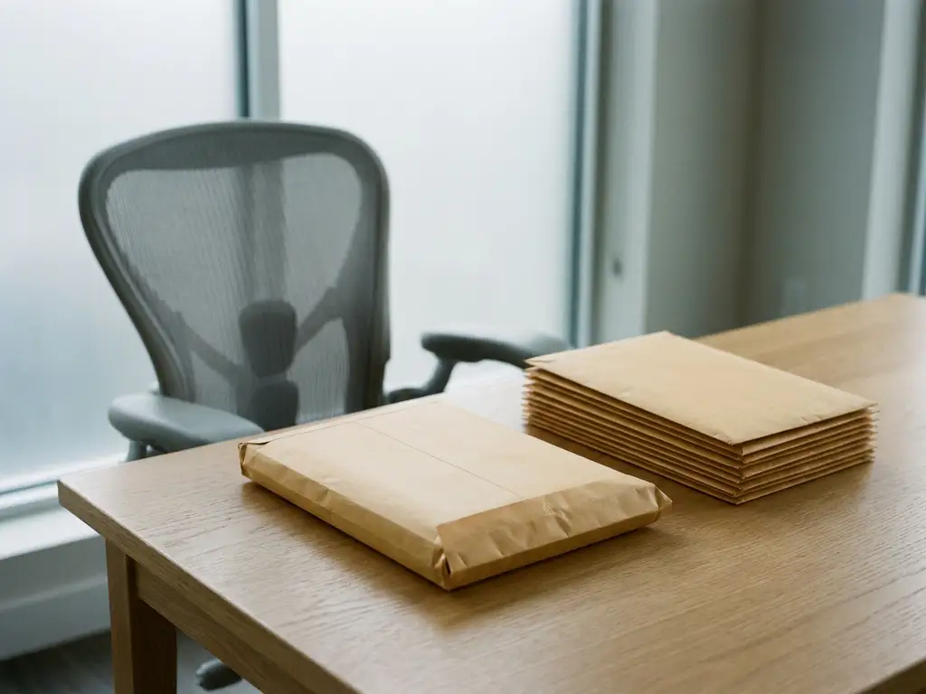 Ungeöffneter Bewerbungsbrief auf modernem Schreibtisch neben einem Stapel identischer Umschläge, unscharfer Bürostuhl im Hintergrund.