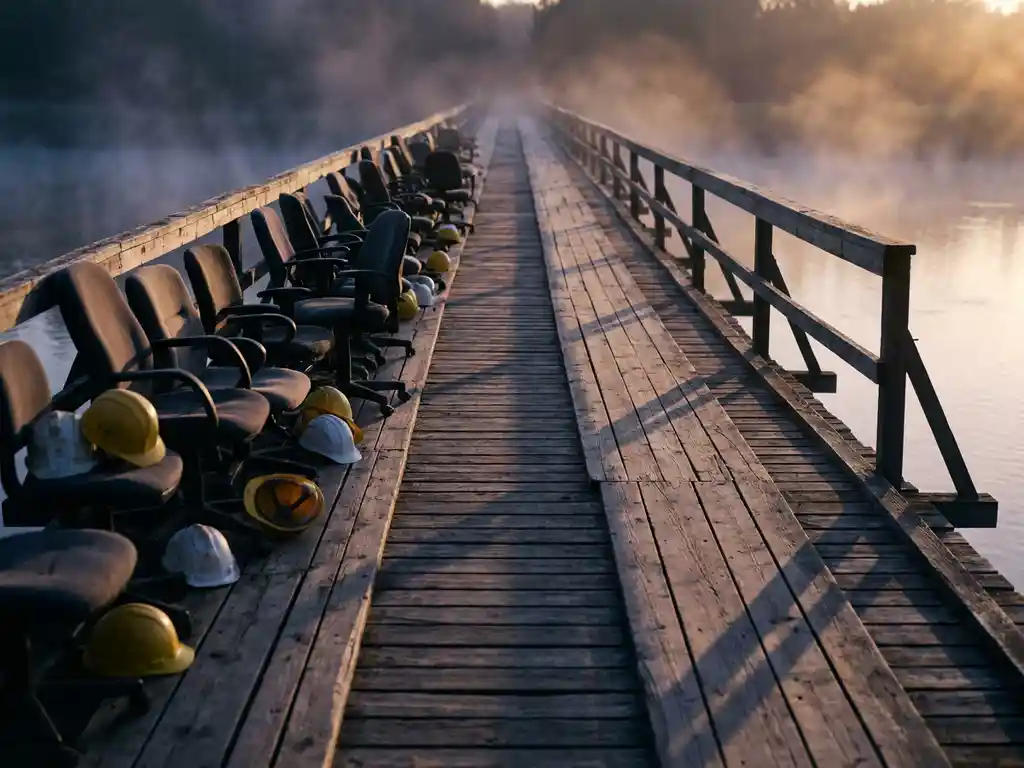 Verwitterte Holzbrücke über ruhigen Fluss in der Abenddämmerung, eine Seite mit leeren Bürostühlen und Schutzhelmen, goldenes Licht und Nebel.