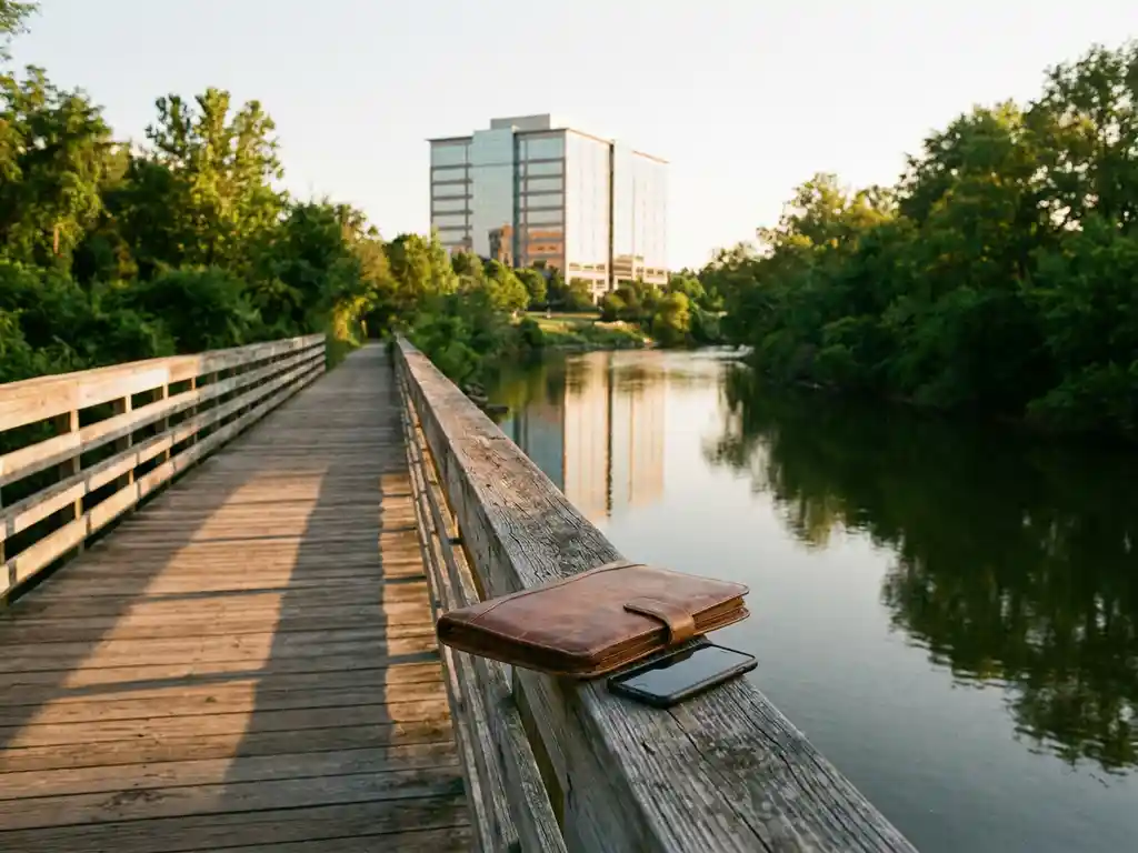Holzfußbrücke über ruhigen Fluss mit modernem Glasgebäude im Hintergrund, Ledermappe und Smartphone auf dem Geländer im Abendlicht.