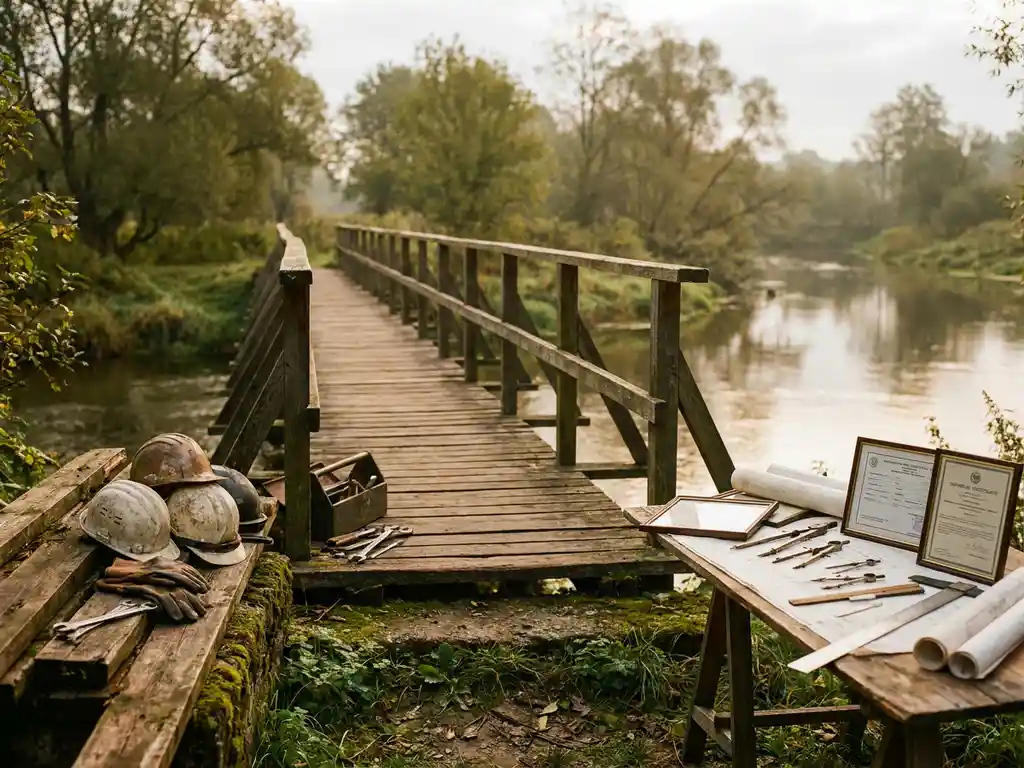 Verwitterte Holzbrücke über ruhigen Fluss verbindet Schutzhelme und Werkzeuge mit Zeicheninstrumenten und Zertifikaten.
