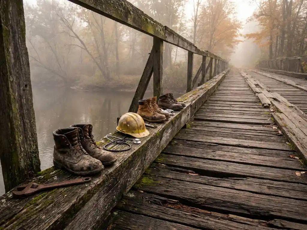 Verwitterte Holzbrücke über ruhigen Fluss mit leeren Arbeitsstiefeln, Schutzhelm, Stethoskop und Schraubenschlüssel am Geländer im Morgennebel.