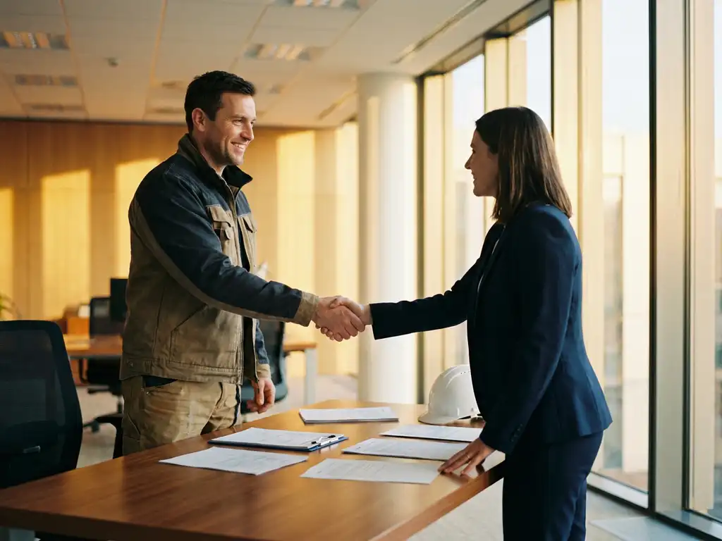 Handwerker in Arbeitskleidung gibt HR-Manager die Hand, Bewerbungsunterlagen und Schutzhelm auf modernem Bürotisch.