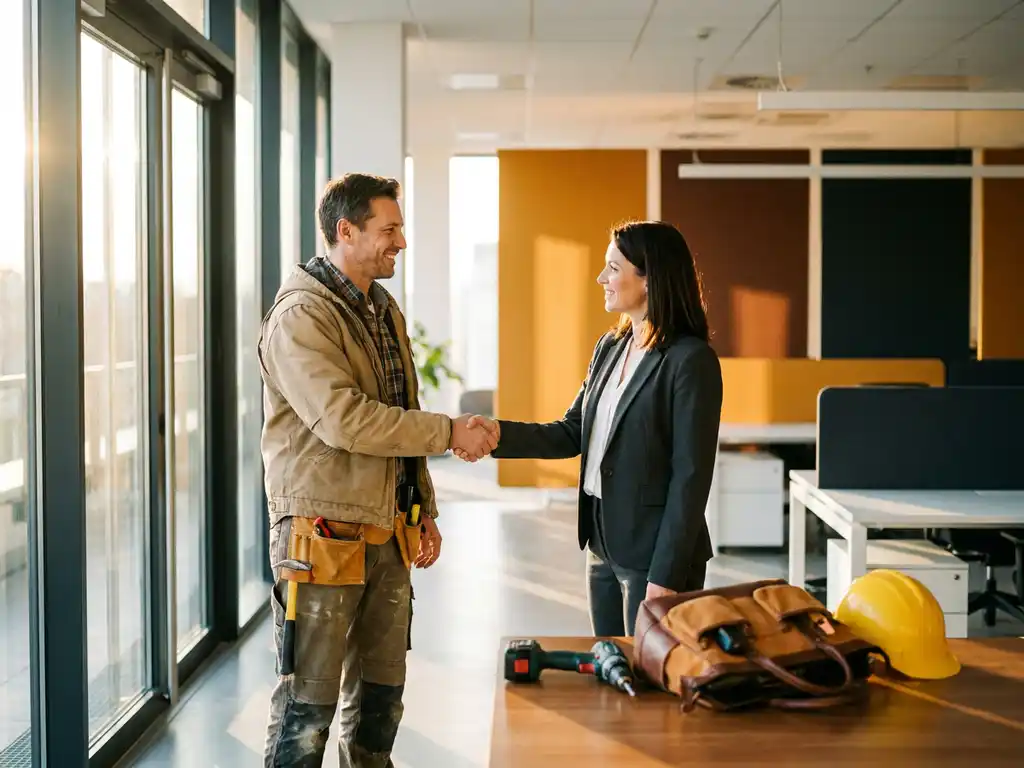 Handwerker in Arbeitskleidung gibt HR-Manager im modernen Büro die Hand, Werkzeug und Schutzhelm auf dem Tisch.