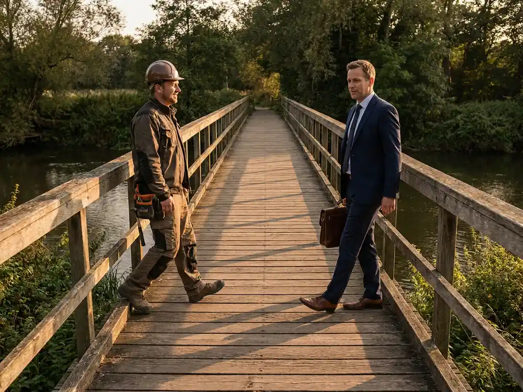 Handwerker und Manager gehen aufeinander zu auf einer Holzbrücke über einen ruhigen Fluss im goldenen Abendlicht.