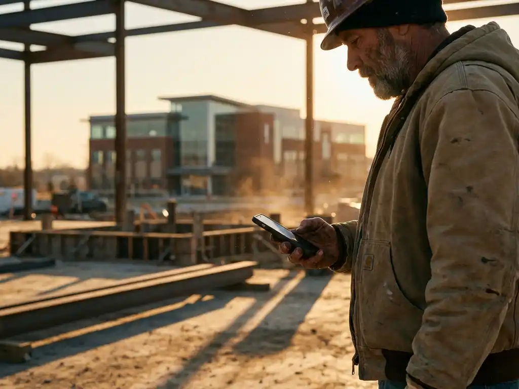 Handwerker auf Baustelle blickt bei goldenem Abendlicht auf Smartphone, Firmengebäude unscharf im Hintergrund.