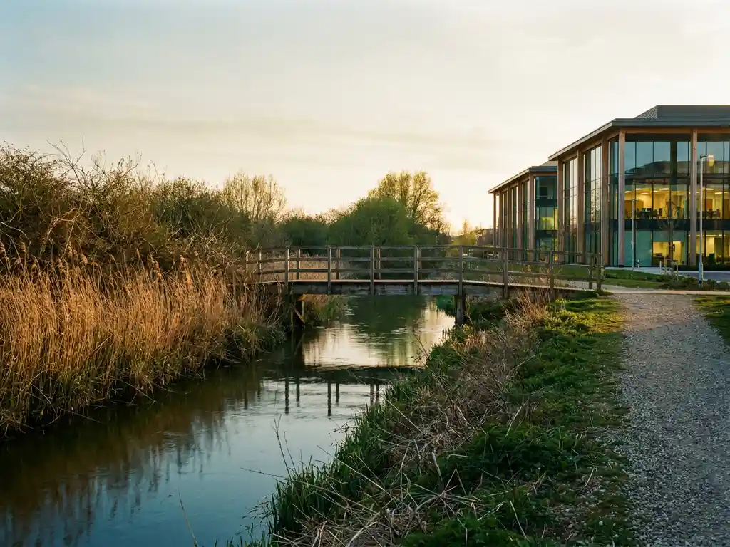 Holzbrücke über ruhigen Fluss verbindet überwucherten Uferweg mit gepflegtem Pfad zu modernem Bürogebäude im Abendlicht.