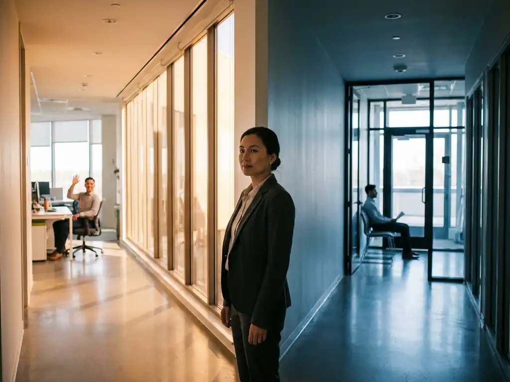 Personalleiter an einer Weggabelung im Büroflur, links ein interner Mitarbeiter, rechts ein externer Kandidat vor der Glastür.