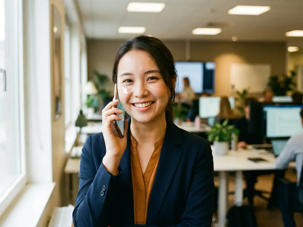 Junge Berufseinsteigerin lächelt auf ihr Smartphone im modernen Büro, warmes Licht, Social-Media-Benachrichtigung.