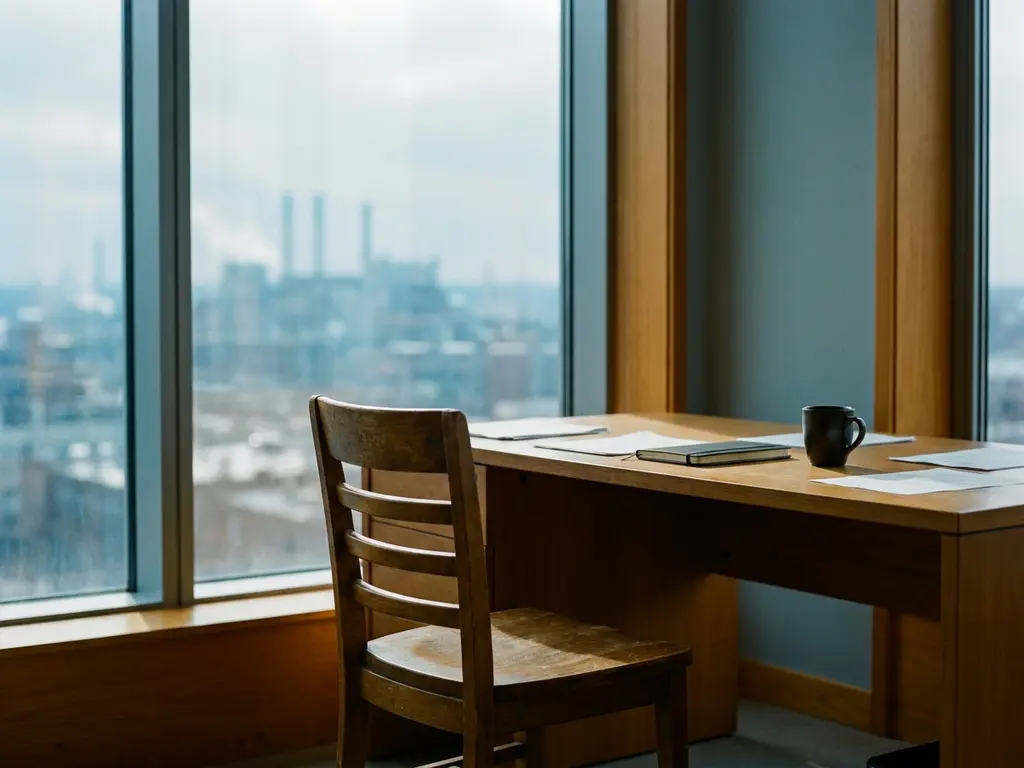 Leerer Holzstuhl vor modernem Büroschreibtisch mit verstreuten Lebensläufen und unberührter Kaffeetasse, industrielle Skyline im Hintergrund.