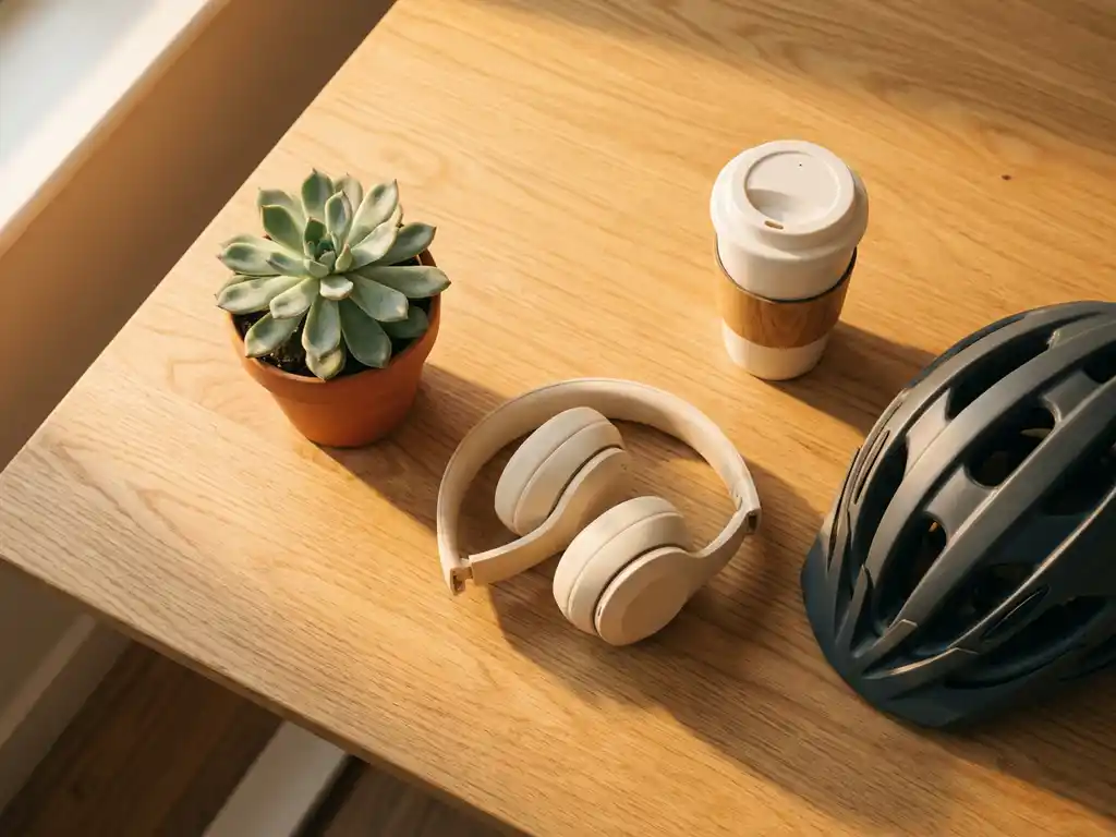 Flat-Lay auf Eichenholz mit Sukkulente, kabellosen Kopfhörern, Mehrwegbecher und Fahrradhelm als Symbole moderner Arbeitgeberbenefits.