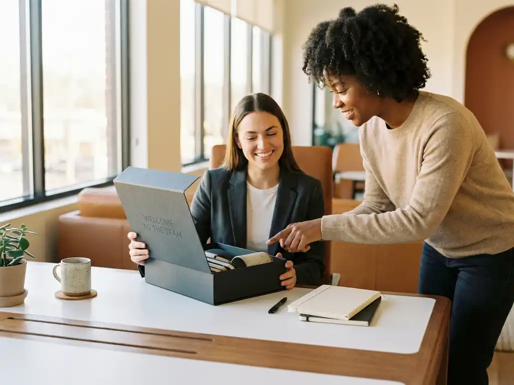 Neue Mitarbeiterin erhält Welcome-Kit am modernen Büroschreibtisch, freundliche Kollegin daneben, Notizbücher und Kaffeetasse im warmen Morgenlicht.