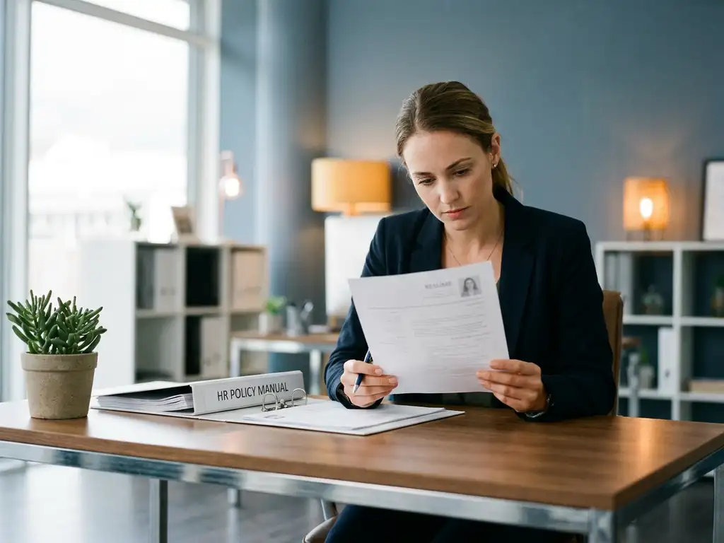 Recruiter prüft Bewerbungsunterlagen am modernen Schreibtisch, HR-Ordner und Pflanze im unscharfen Hintergrund, natürliches Fensterlicht.