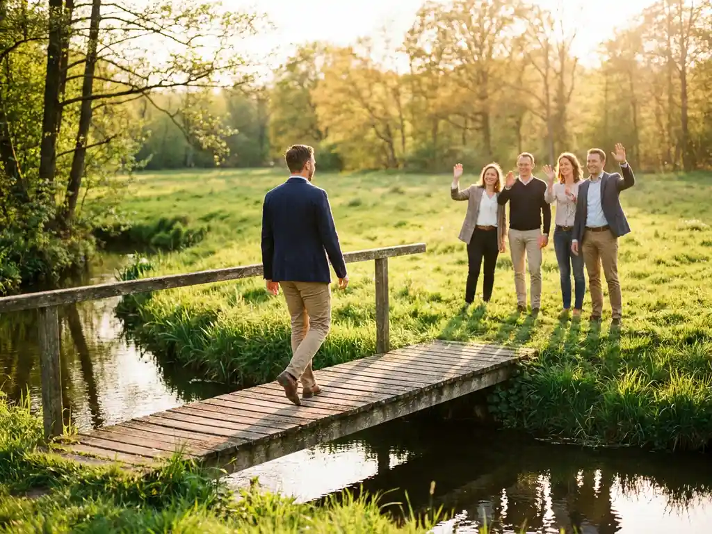 Recruiter in Business-Casual-Kleidung überquert Holzbrücke über ruhigen Bach auf KMU-Kollegen zu, goldenes Abendlicht, grüne Wiese.