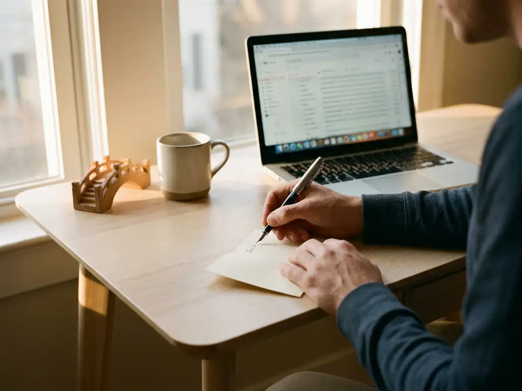 Recruiterin schreibt handschriftliche Notiz an modernem Schreibtisch mit Laptop, kleiner Holzbrücke und warmem Nachmittagslicht.