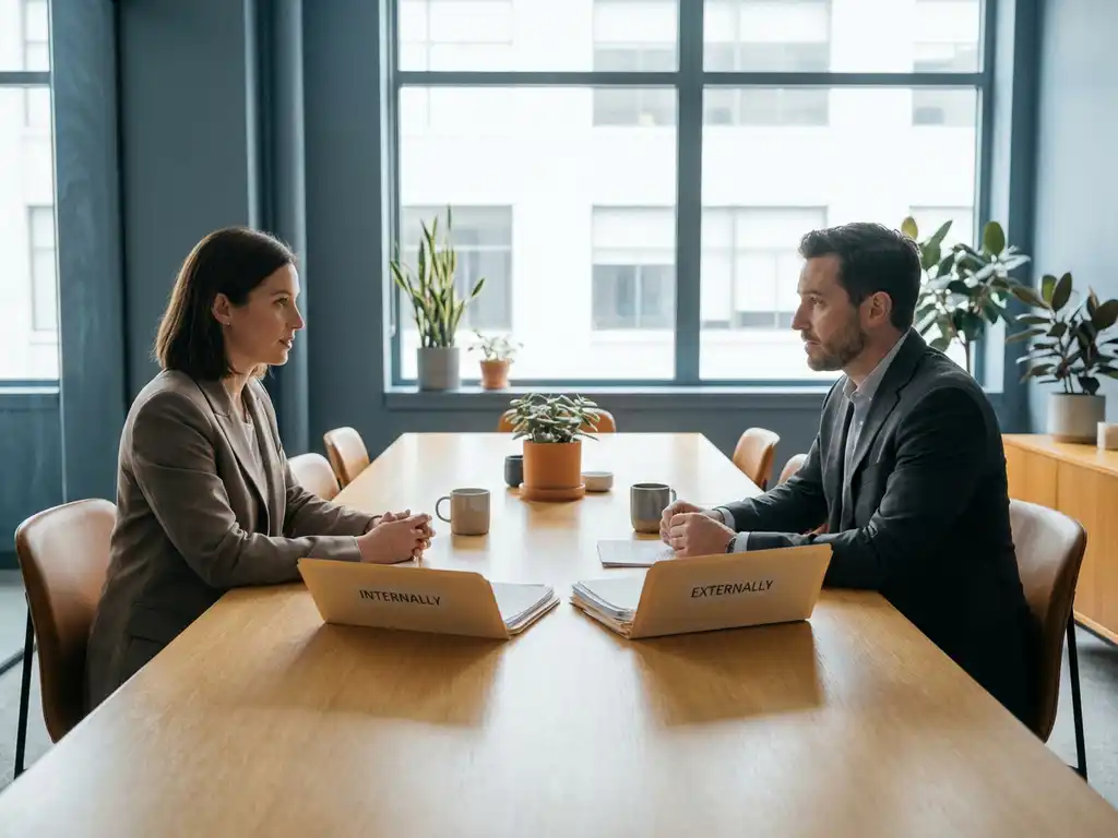 Recruiter und HR-Manager besprechen interne und externe Einstellungsstrategien an modernem Konferenztisch mit zwei geöffneten Mappen.