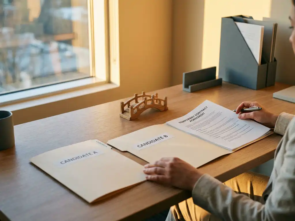 Personalvermittler vergleicht zwei Bewerbermappen auf modernem Schreibtisch, offener Ordner mit Zeitarbeitsvertrag, goldenes Abendlicht.