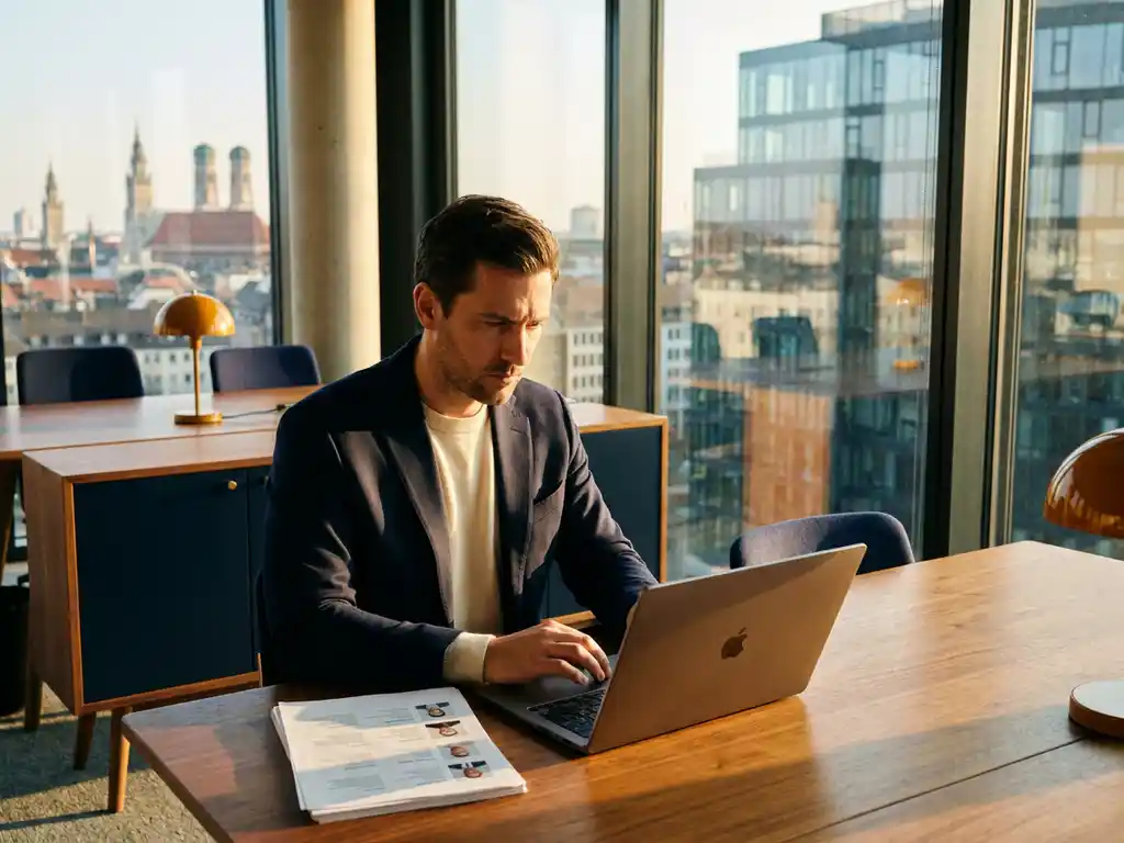Recruiter beugt sich über Laptop in modernem Münchner Büro, Kandidatenliste auf Papier neben der Tastatur, Skyline im Hintergrund.