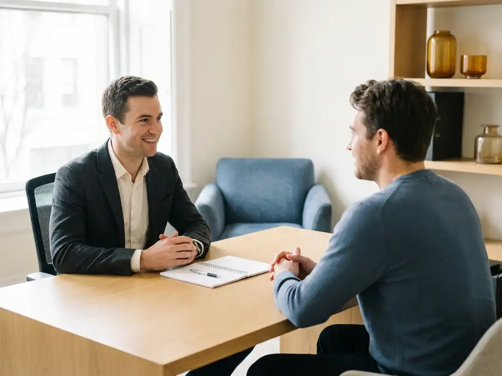 Recruiter und Bewerberin im Gespräch an einem Eichentisch in einem hellen Büro, Notizbuch und Stift zwischen ihnen.