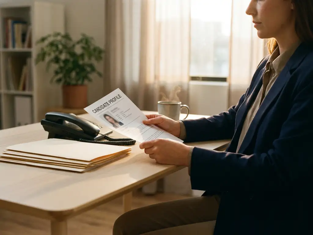 Recruiter prüft Kandidatenprofil am modernen Schreibtisch mit Telefon, Dokumenten und Kaffeetasse im warmen Nachmittagslicht.
