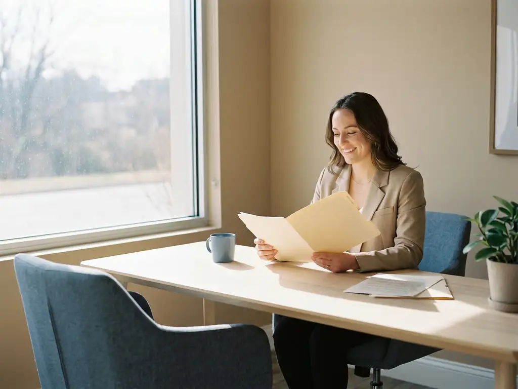 Recruiter prüft Bewerbungsmappe am modernen Schreibtisch, leerer Stuhl gegenüber, natürliches Fensterlicht, professionelles Büroambiente.