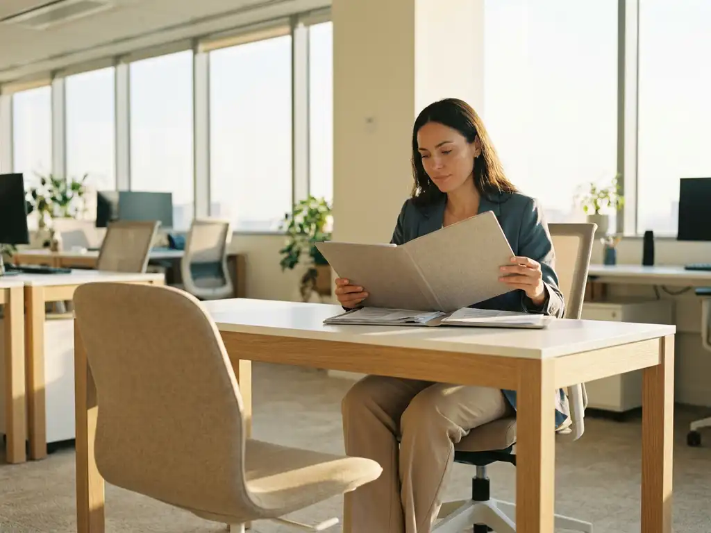 Recruiterin prüft Bewerbermappe an modernem Schreibtisch in hellem Büro mit goldenem Morgenlicht.