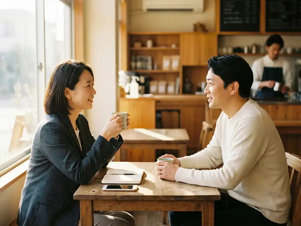 Recruiter und Fachkraft im entspannten Gespräch bei Kaffee in einem sonnendurchfluteten Café, Notizbuch und Smartphone auf Holztisch.