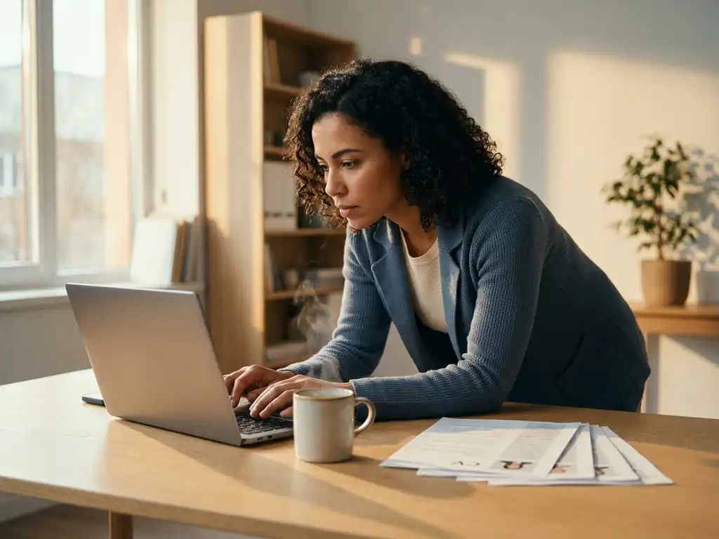 Recruiter prüft Kandidatenprofile auf einem Laptop an einem modernen Schreibtisch, Kaffeetasse und ausgedruckte Lebensläufe daneben.