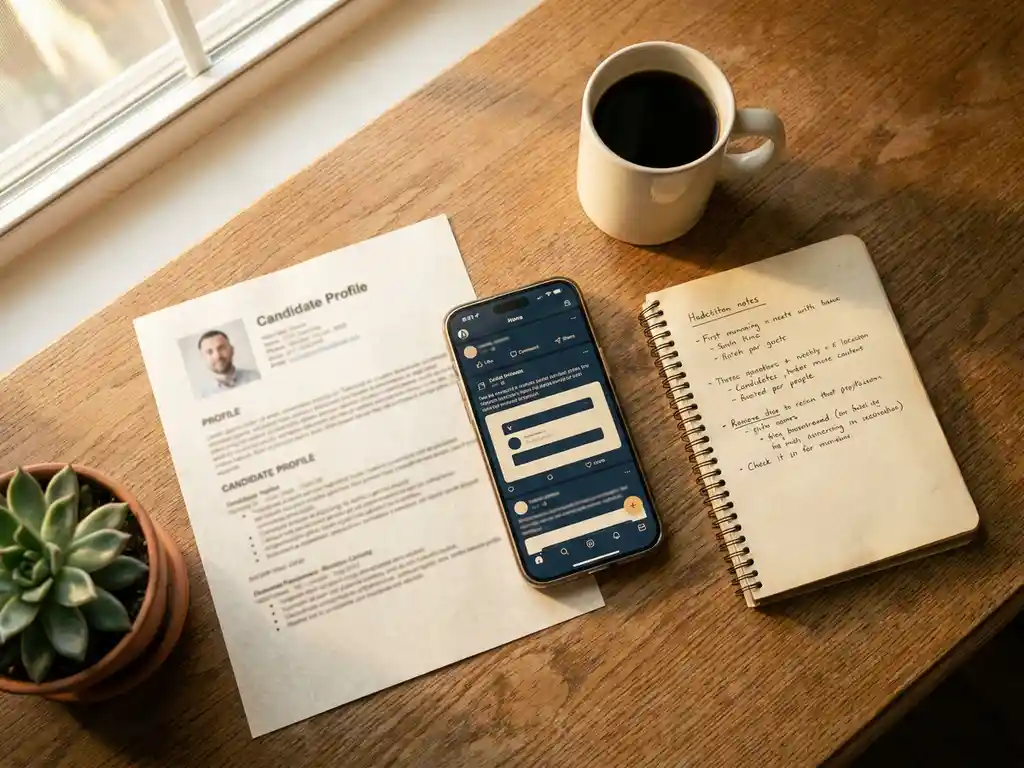 Recruiter-Schreibtisch von oben mit Kandidatenprofil, Smartphone und Notizbuch im Halbkreis, Kaffeetasse und Zimmerpflanze im warmen Morgenlicht.