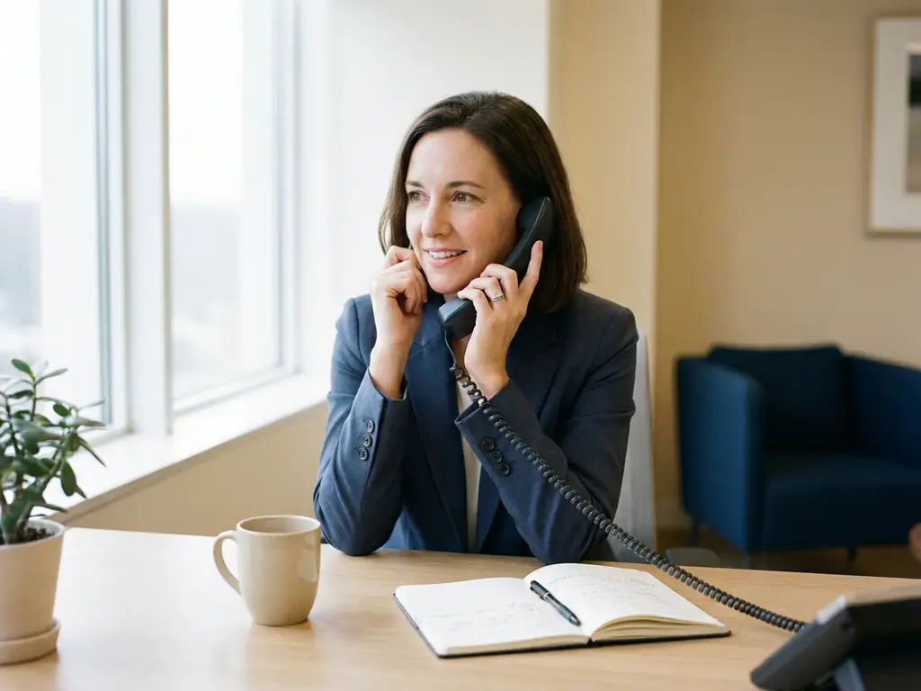 Recruiter am modernen Schreibtisch telefoniert mit Hörer, Notizblock bereit, warmes natürliches Seitenlicht, professionelle Büroatmosphäre.