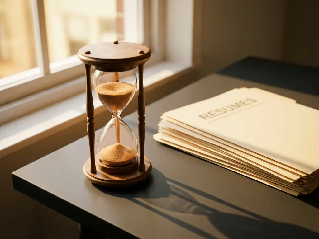 Vintage-Sanduhr mit rieselndem Sand neben einem Bewerbungsmappe auf modernem Schreibtisch, warmes Nachmittagslicht.