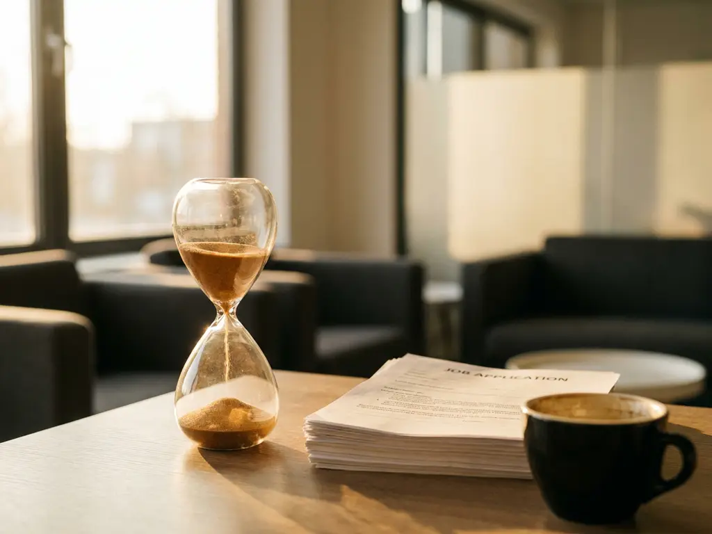Vintage-Sanduhr auf einem Schreibtisch neben gestapelten Bewerbungsunterlagen und Kaffeetasse im warmen Abendlicht.